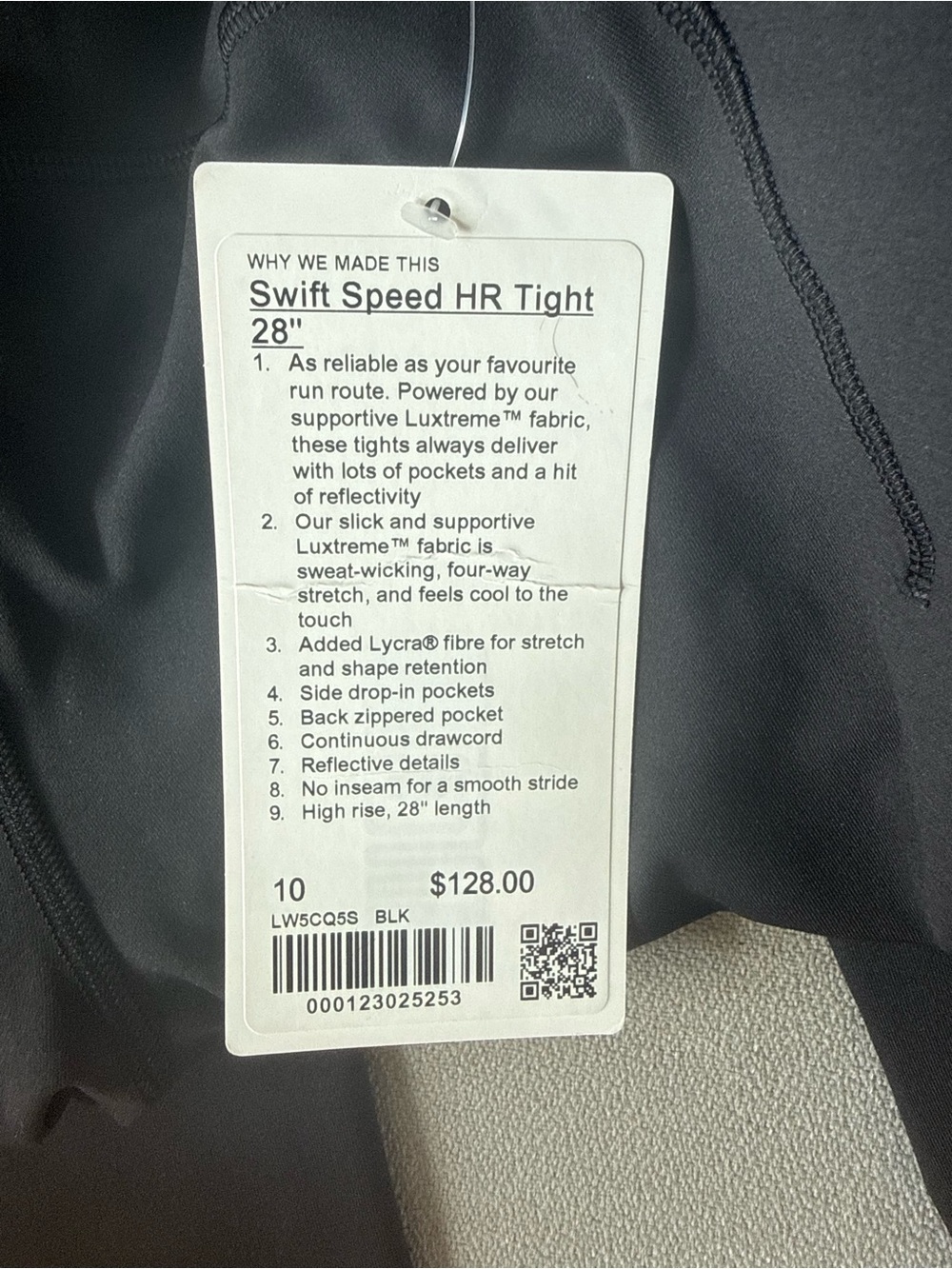 NWT Lululemon Swift Speed HR Tight, 28’, Black, Size 10